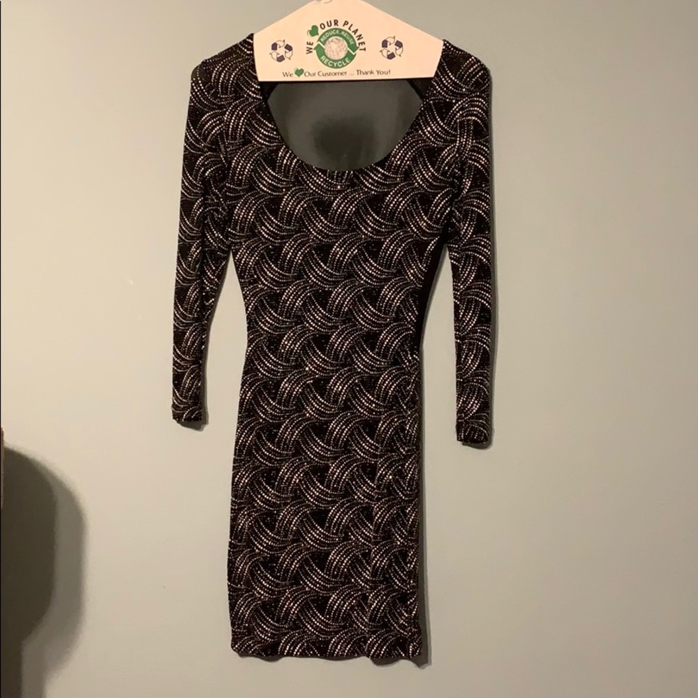 Foreign Exchange black shimmery sheer back dress